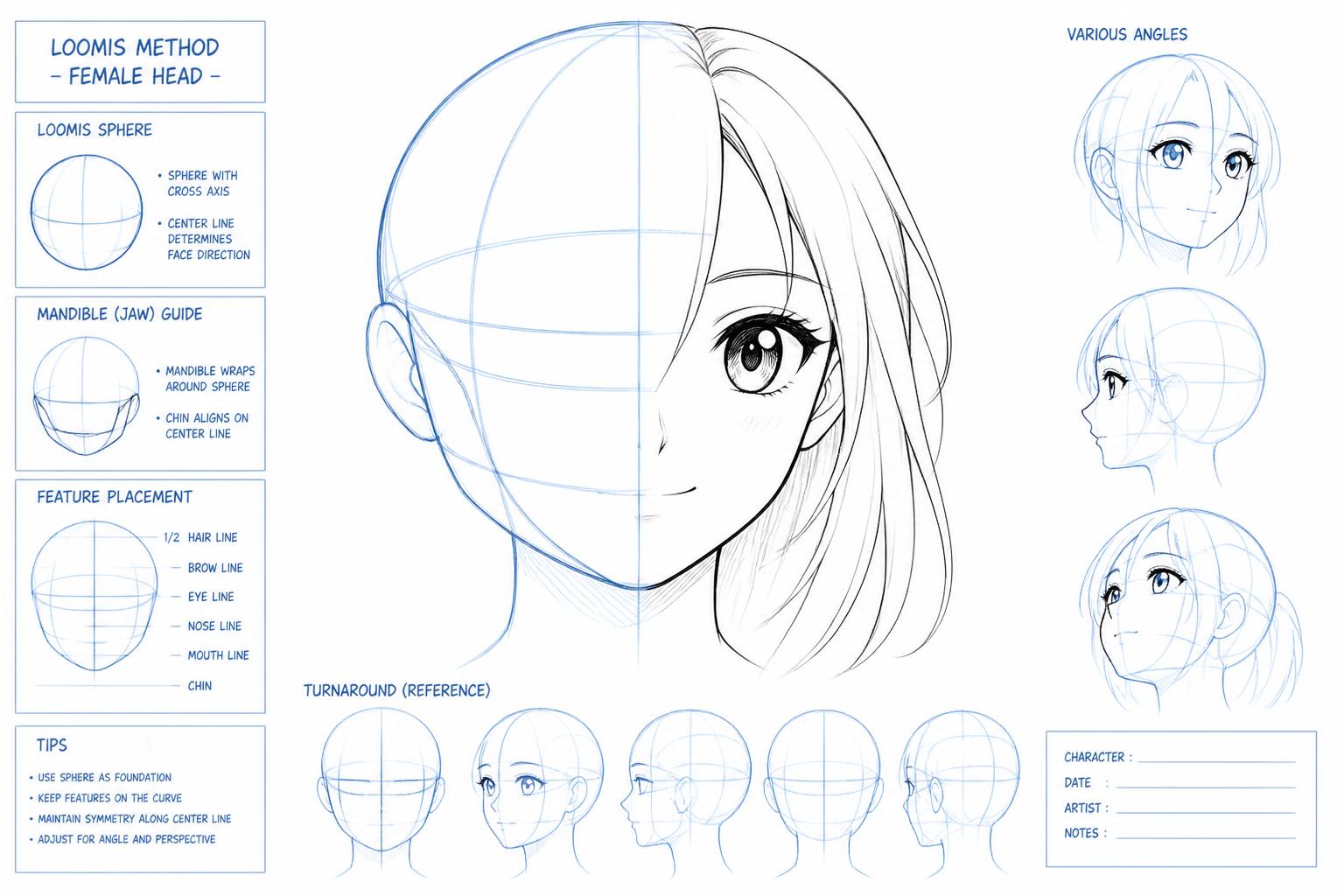 Hoja de estudio con el método Loomis aplicado a una cabeza anime